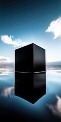 Mysterious black cube on serene water reflecting blue sky and clouds