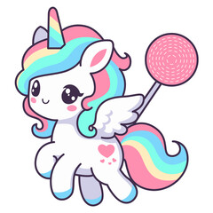 Cute Kawaii Unicorn with Lollipop and Rainbow Hair – Adorable Vector Illustration