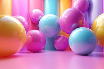 Vector composition of floating 3D geometric shapes, soft shadows, pastel colors, abstract design, light background, center aligned