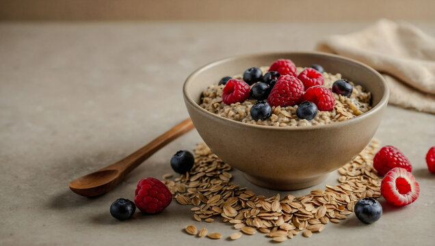 Bowl with tasty oatmeal, chia seeds, and berries on a beige background for a healthy breakfast theme.