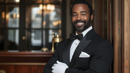 Fototapeta premium A man in a tuxedo is smiling and posing for a picture