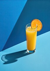 Orange juice with slice garnish on blue background