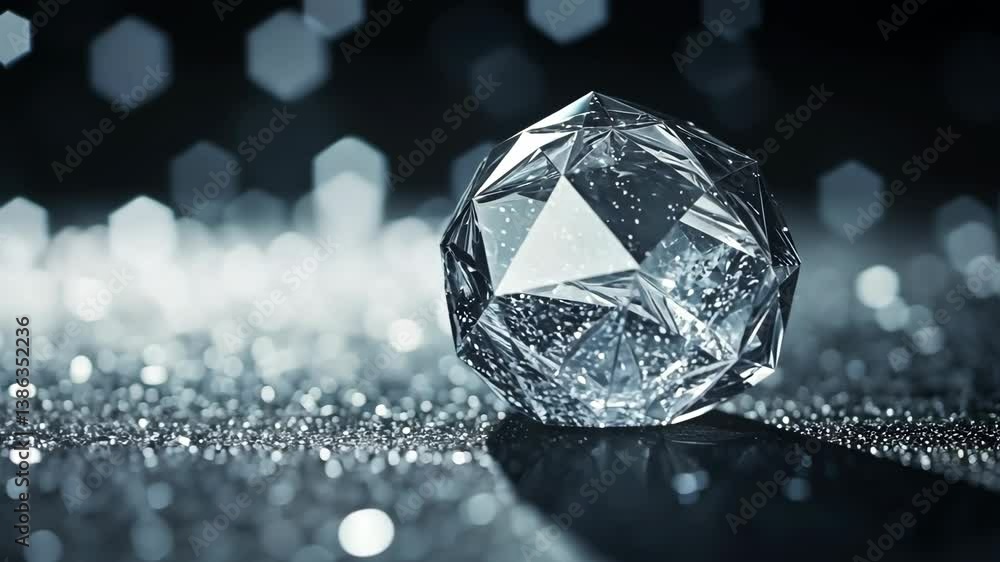 Poster sparkling crystal sphere on a glittering surface reflecting light in an artistic display
