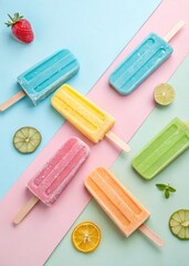 Bright popsicles on vibrant pastel background