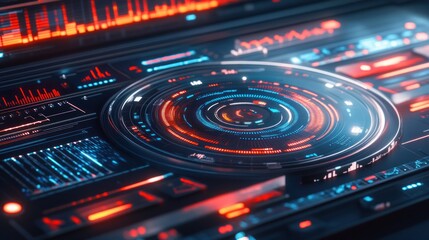 Futuristic control panel interface, glowing, digital data streams, background, technology