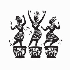 African Women in Traditional Dress Dancing with Drums Silhouette Logo Vector.