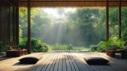 Fototapeta premium Serene Tropical Retreat with Sunlit Forest View and Wooden Decking for Relaxation