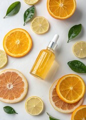 Flat lay of skincare products with citrus theme