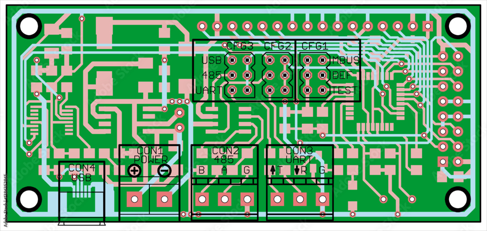 Poster vector printed circuit board of electronic device with components of radio elements, conductors and 