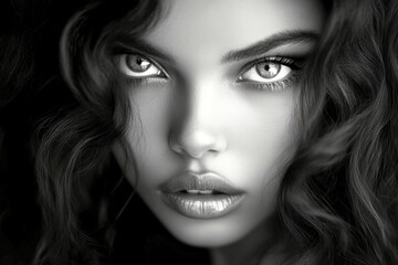 Fototapeta premium Long haircut - curly hair. Commercial commercial creative design idea. Pretty calm mixed-race girl - for ads, banner and social online ad use. Black girl fashion advertising. Long hair art.
