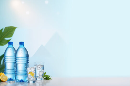 Bottles of Water and Glasses with Lemon Against a Mountain Landscape with Space for Text
