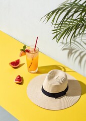 Sunhat shadow over tropical drink on bright yellow table