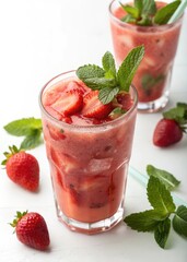 Cold strawberry smoothie with mint in clear glass
