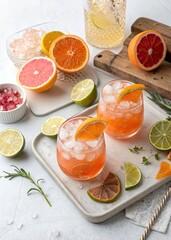 Minimalist cocktail setup with citrus and ice