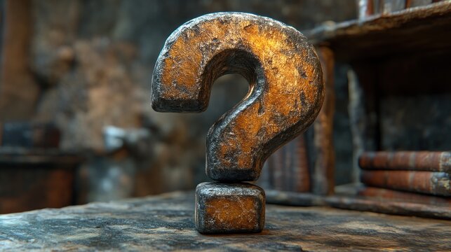 Rustic Question Mark Sculpture on Wooden Table Vintage Intriguing and ThoughtProvoking Artw - Powered by Adobe