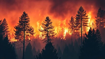 Wildfire engulfs forest landscape under darkening sky during dusk