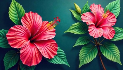 Obraz premium Vibrant painted hibiscus & tropical leaves, continuous print, orange, asset