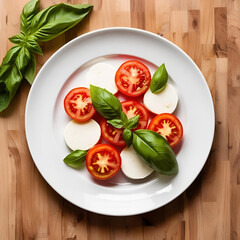 Plate with Caprese salad: tomato slices, mozzarella, and basil, isolated overhead shot.