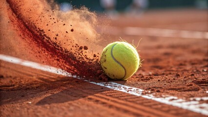 Tennis Ball Impact on Clay Court Capturing Dynamic Spray of Red Clay Particles Near Boundary Line in Vibrant Sports Action Shot