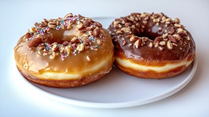Two delicious donuts sit on a white plate. One is topped with caramel, nuts, and sprinkles the other with chocolate and nuts. The image is well-lit, high-quality, and features a shallow depth of fiel