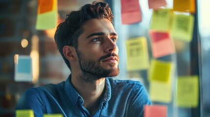 A man with a beard looking up at sticky notes