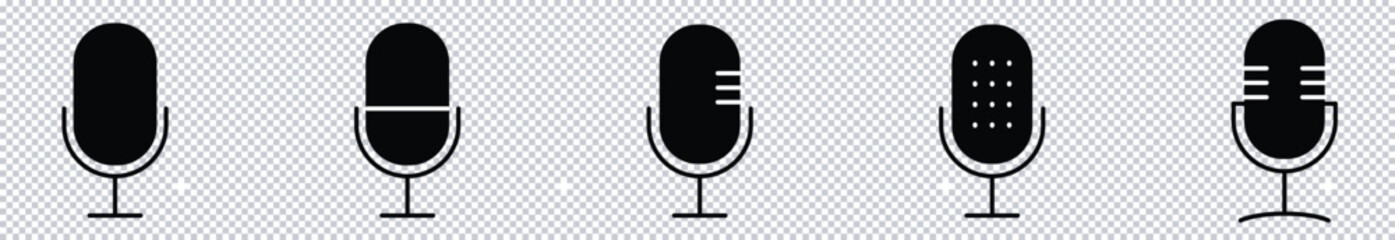 Microphone Icon Set | Vintage and Modern Mic Symbols Collection | Voice Recording Icons on Transparent Background.