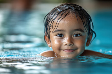Little boy splashing in pool water, laughing joyfully.