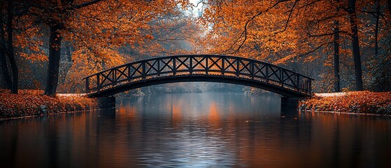 Wooden bridge over calm river, surrounded by autumn foliage, soft golden hues, peaceful reflections, moody natural landscape, high clarity