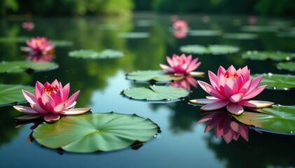 Water lilies creating floral pattern across lake, blossom, floral, background
