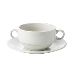 Obraz premium Empty white soup cup with two handles on a saucer.