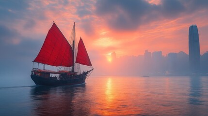 Fototapeta premium Sunset Sail Traditional Boat with Red Sails Gliding on Calm Waters Against a Vibrant Skyline a