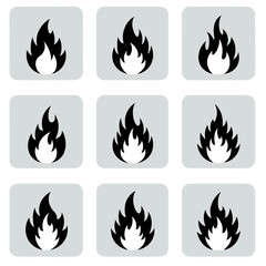 Flame Icons: A collection of stylized flame icons, representing the essence of fire, power, and energy. Each icon is isolated on a square background, suitable for design needs.