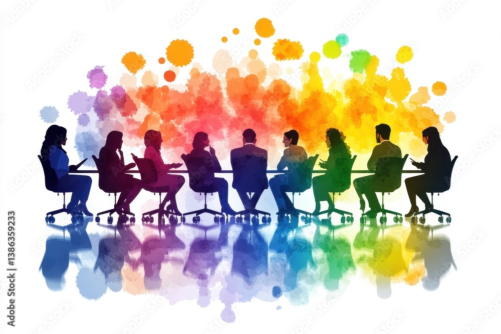 Poster business meeting with diverse professionals discussing strategies around a table with colorful abstr
