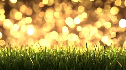 Obraz premium Green grass, golden bokeh lights, night, background, nature