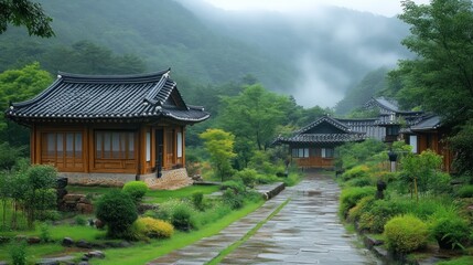 Obraz premium Traditional Architecture in a Serene Natural Setting with Lush Greenery and Misty Mountains
