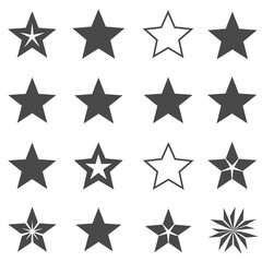 Star Collection: A collection of star shapes, varying in style, from filled-in silhouettes to outlined forms, showcasing diverse artistic expression and design concepts.