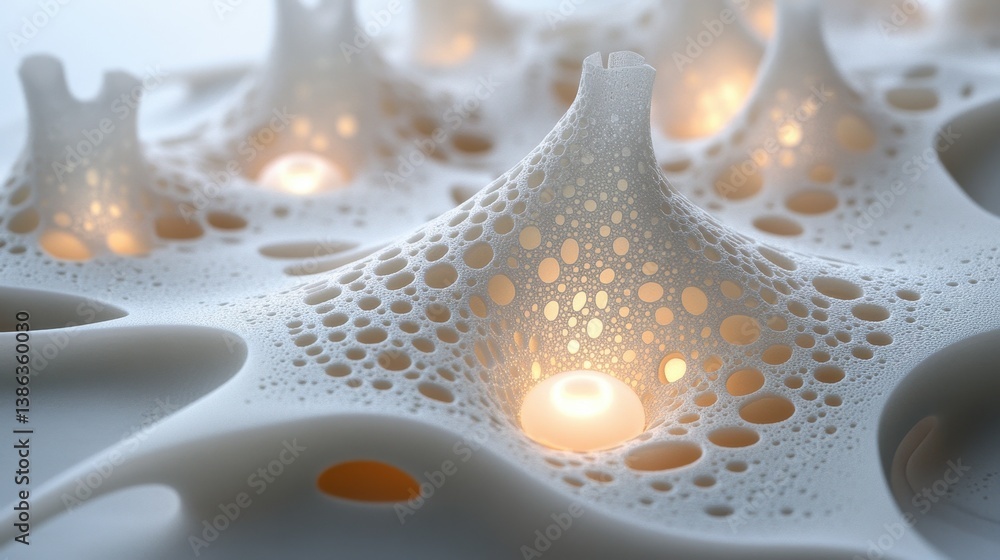 Aufkleber Exploration of intricate white structure with luminous openings showing organic forms and soft, flowing shapes illuminated in a calm ambient light