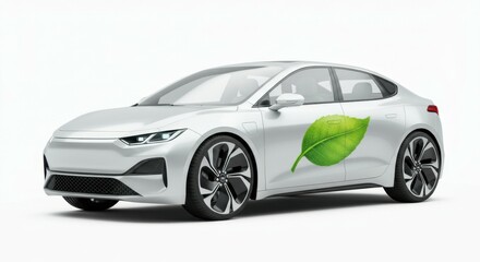 Fototapeta premium Conceptual design of electric vehicle with illuminated wireframe and environmental leaf icon