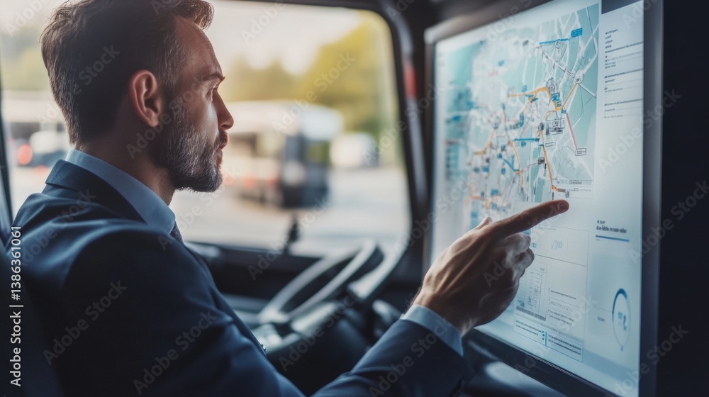 Poster man in a suit examining the map on a computer screen