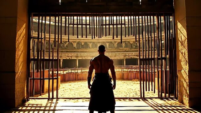 Lone gladiator stepping into ancient Roman arena under dramatic sunlight
