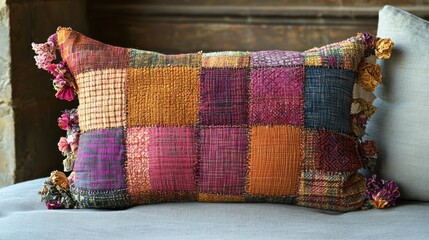 Handcrafted Patchwork Pillow with Tassels: A Tapestry of Warm Colors