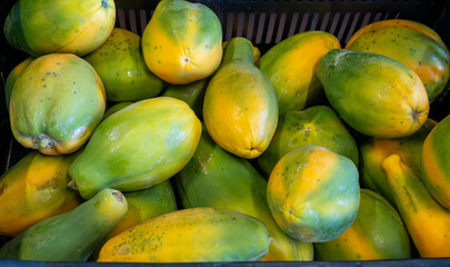 Fresh ripe organic tropical fruits and vegetables on farmers market on Tenerife, Canary islands, Spain, sweet bio papaya fruits, local food and products
