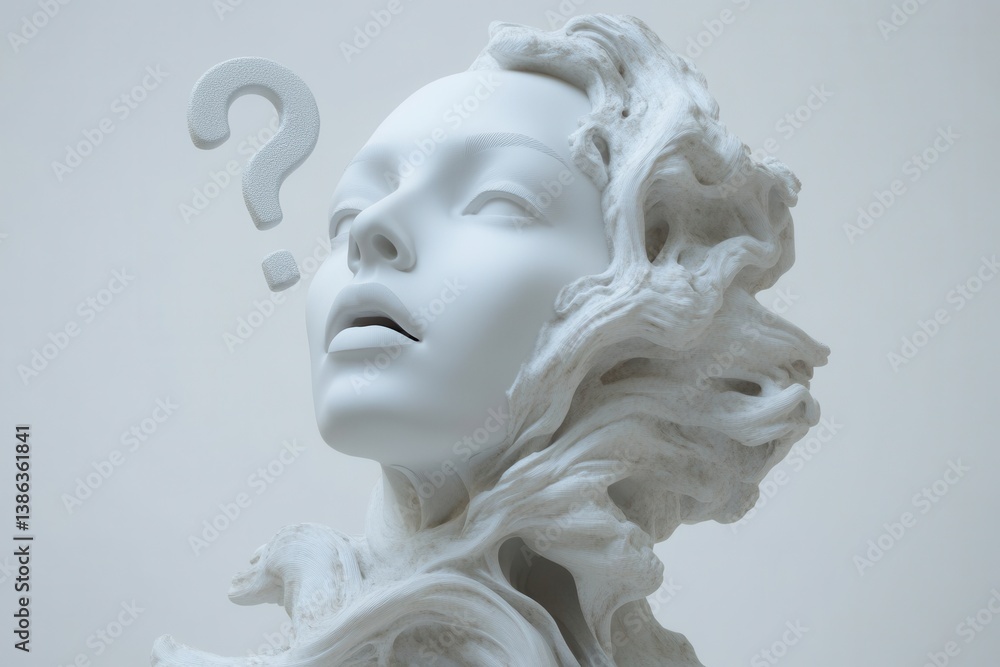 Aufkleber conceptual art piece depicting a human face composed of clouds and water, raised question mark symbo