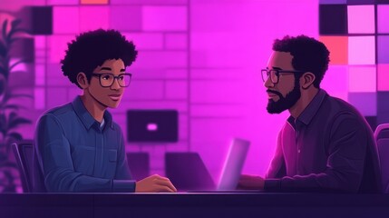 Two individuals engaged in a professional meeting discussing ideas with laptops in a vibrant