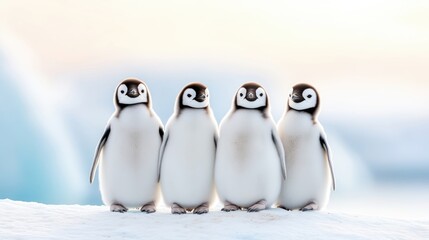 Obraz premium Four cute baby penguin chicks stand side by side on a snowy field against a soft, bright winter background.