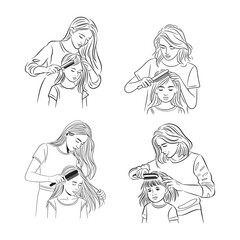 Mother gently brushing her daughters hair, creating a tender and loving family moment.