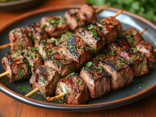 Grilled Beef Kebabs on Skewers Garnished with Fresh Herbs, Served on Rustic Plate for Summer Barbecue Party, Emphasizing Savory Flavors and Healthy Dining Experience