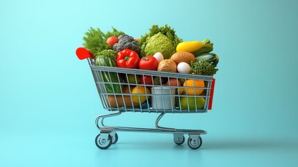 Shopping Cart Overflowing with Fresh Produce and Healthy Foods on a Light Background