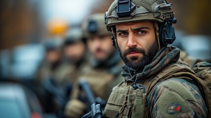 Soldier in Tactical Gear Leading a Squad Military Uniform Combat Readiness Armed Forces Bat