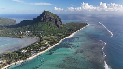 Aerial view of Le Morne Peninsula and sea lagoon formed by coral reefs, Mauritius Island, Africa, Indian Ocean	